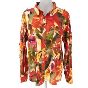 Chicos Top 3 Womens XL 16 Floral Lightweight Cotton Blouse Pockets Roll Tab